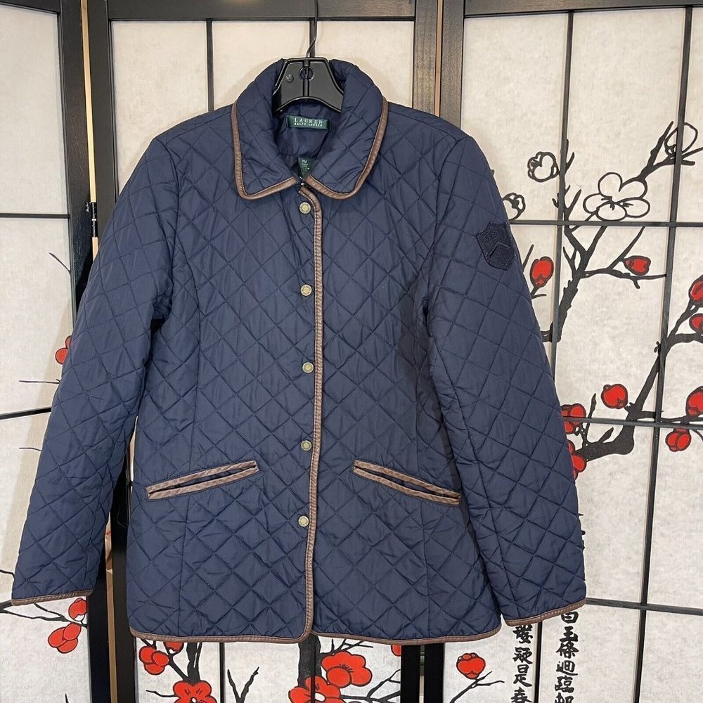 Lauren Ralph Lauren Quilted Equestrian Style Jacket Women's M Petite Navy Blue
